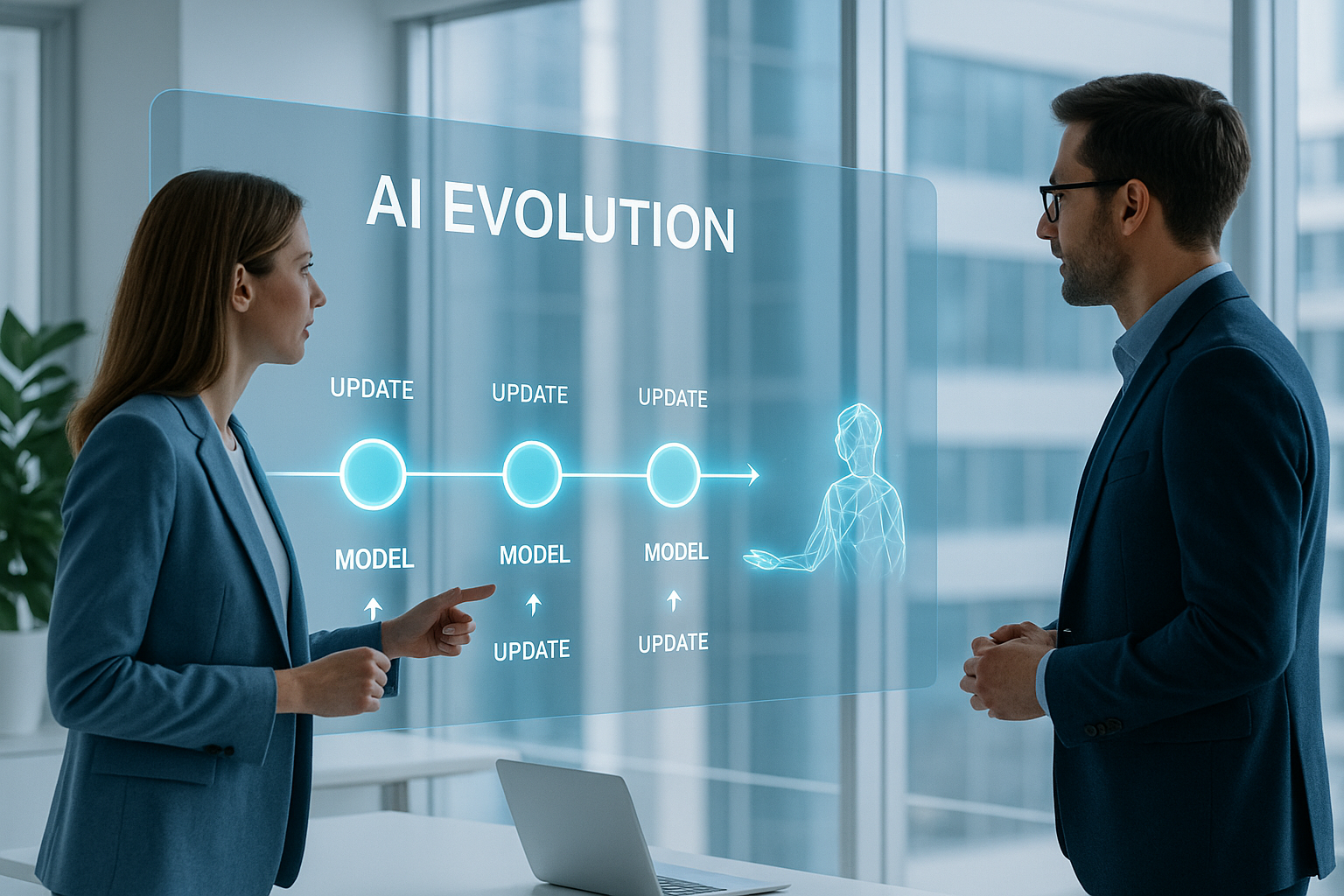 Continuous AI innovation visualized as a digital timeline of evolving models and updates in a modern office setting