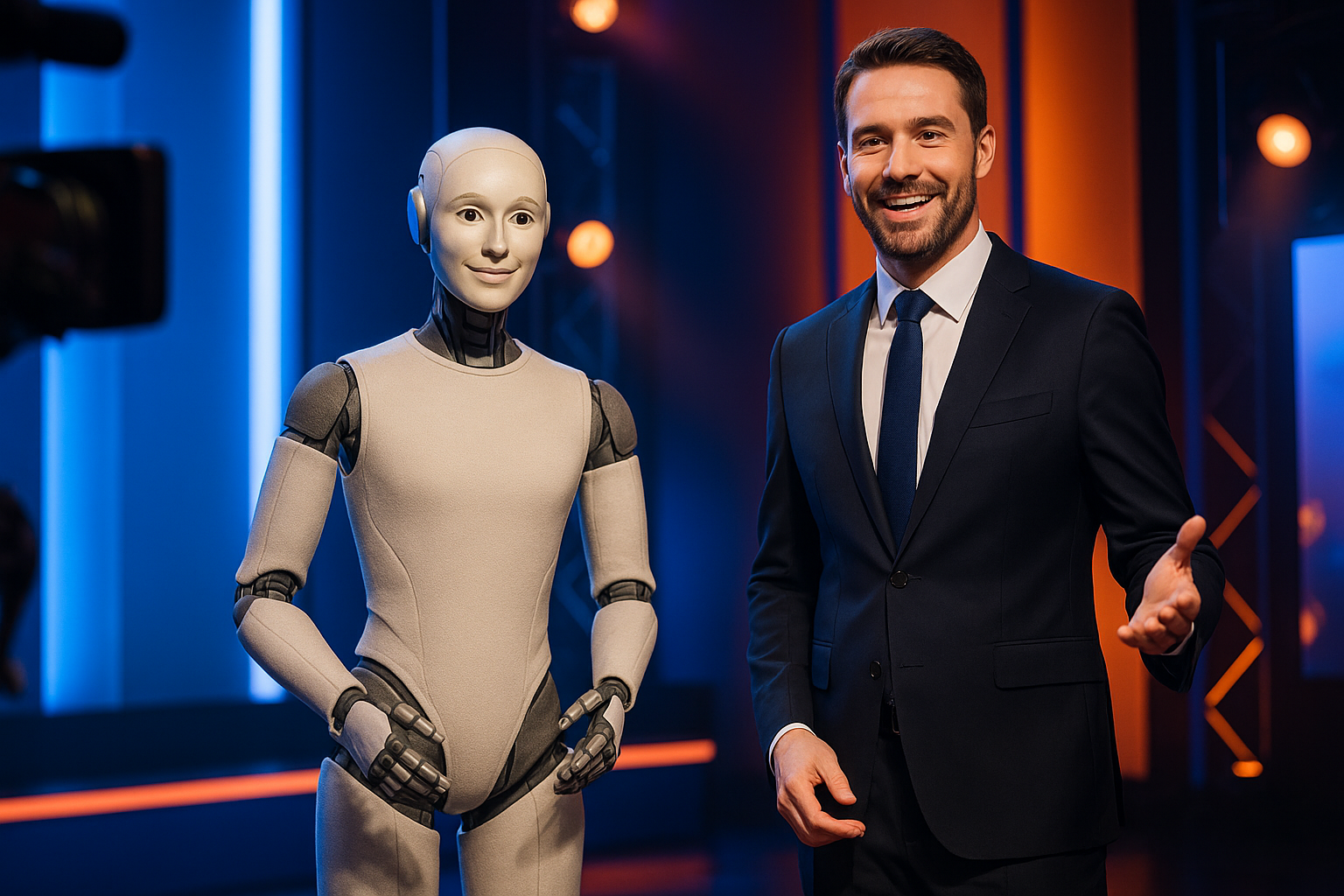 Humanoid robot on stage with presenter in TV studio