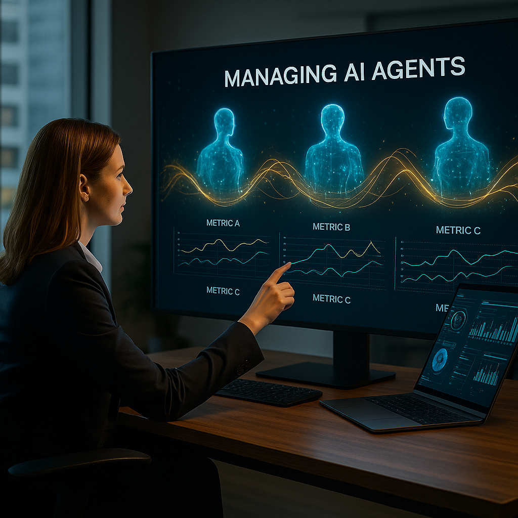 Professional managing AI agents through a digital dashboard with real-time monitoring and subscription-based AI services
